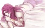  1boy bed diavolo highres jojo_no_kimyou_na_bouken lipstick long_hair makeup misaki03011992 pink_hair realistic shirtless solo tattoo vambraces yellow_eyes 