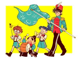  4boys :d ^_^ age_difference alternate_costume aqua_jacket aqua_shorts band_uniform black_boots black_hair black_pants blue_hair boots border bow bowtie brown_hair child closed_eyes closed_mouth doi_hansuke drum flag fukutomi_shinbei full_body glasses gloves hat hat_feather highres holding holding_flag humoto_00 inadera_rantarou instrument jacket long_hair long_sleeves male_focus mandarin_collar multicolored_jacket multiple_boys music open_mouth pants playing_instrument rakudai_ninja_rantarou red_bow red_bowtie red_hat red_jacket round_eyewear sanpaku settsuno_kirimaru shirt short_hair short_sleeves shorts smile suspender_shorts suspenders thick_eyebrows traditional_bowtie two-handed two-tone_jacket walking white_border white_gloves white_shirt yellow_background yellow_trim 