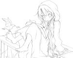  1girl barefoot bird kagerou_project lineart long_hair mary_(kagerou_project) monochrome negoto sitting solo 