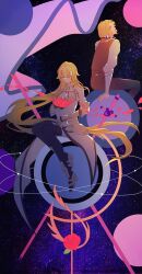  1boy 1girl arm_support armor armored_boots armored_dress axis_powers_hetalia back-to-back bare_shoulders black_thighhighs blonde_hair boots bouquet bow breasts brown_pants brown_vest chain chinese_commentary closed_mouth country_connection couter crossover curtained_hair dress facial_hair falling_petals fate/grand_order fate_(series) faulds feet_out_of_frame flag flag_print flower france_(hetalia) french_flag french_flag_print full_body gauntlets hair_bow headpiece high-low_dress high_heel_boots high_heels highres holding holding_bouquet jeanne_d&#039;arc_(fate) jeanne_d&#039;arc_(ruler)_(fate) jeanne_d&#039;arc_(third_ascension)_(fate) large_breasts legs_together long_hair looking_at_viewer looking_back lou_xiaotiao low_ponytail medium_hair on_mini_planet orb pants petals pink_eyes planet planted planted_sword ponytail popped_collar print_bow red_flower red_rose rose sitting sky sleeveless sleeveless_dress smile space star_(sky) starry_sky stubble sword thigh-highs three-quarter_sleeves turtleneck turtleneck_dress very_long_hair vest weapon white_dress 