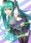  1girl boots character_name detached_sleeves green_eyes green_hair hatsune_miku long_hair necktie open_mouth skirt solo spring_onion striped striped_background thigh-highs thigh_boots twintails very_long_hair vocaloid 