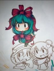 3girls :d :o blush bow canihavepromo chibi chibi_only dress eye fang green_eyes green_hair hair_ornament heart_hair_ornament kagiyama_hina komeiji_koishi komeiji_satori long_hair long_skirt long_sleeves looking_to_the_side mountain_of_faith open_mouth pale_skin reaching red_bow red_dress red_ribbon red_wrist_cuffs ribbon short_hair simple_background sisters skirt sleeves_past_fingers sleeves_past_wrists smile subterranean_animism third_eye tied_hair touhou traditional_media white_background wrist_cuffs