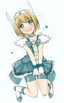  1boy arakawa_tarou armin_arlert bike_shorts blonde_hair blue_dress blue_eyes blush boots cosplay crossdressinging crossover cure_beauty cure_beauty_(cosplay) dress embarrassed fingerless_gloves gloves hair_ornament knee_boots looking_at_viewer precure ribbon shingeki_no_kyojin short_hair shorts shorts_under_skirt simple_background skirt smile_precure! solo teal_bike_shorts trap white_background wrist_cuffs 