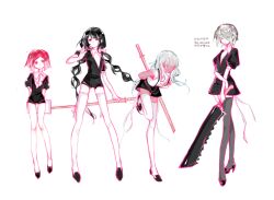  4girls arms_behind_back bare_legs black_eyes black_hair black_shirt black_shoes black_shorts blue_eyes blunt_bangs bob_cut book bow bowtie chabashira_tenko chinese_commentary chinese_text closed_mouth collared_shirt commentary_request crystal_hair danganronpa_(series) danganronpa_v3:_killing_harmony dark-skinned_female dark_skin elbow_gloves expressionless eyes_visible_through_hair fighting_stance flats full_body gee_lasi gem_uniform_(houseki_no_kuni) gloves grey_hair grey_thighhighs hair_bow hair_ornament hair_over_one_eye hairclip hand_on_own_arm happy height_difference high_heels highres holding holding_behind_back holding_book holding_sword holding_weapon houseki_no_kuni huge_weapon katana layered_shirt leaning_forward leg_up long_hair low_twintails mole mole_under_mouth multi-tied_hair multiple_girls no_socks open_mouth outline pink_outline puffy_short_sleeves puffy_sleeves red_hair sheath sheathed shirt shoes short_hair short_shorts short_sleeves shorts sidelocks simple_background smile standing suspender_shorts suspenders sword thigh-highs tojo_kirumi translation_request twintails v-neck very_long_hair weapon white_background white_bow white_bowtie white_gloves white_shirt white_thighhighs yonaga_angie yumeno_himiko 