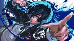  1boy arm_up black_jacket black_ribbon blue_eyes blue_hair closed_mouth collared_shirt digital_media_player earphones english_commentary evoker gekkoukan_high_school_uniform gun hair_over_one_eye highres holding holding_gun holding_weapon index_finger_raised jacket kornart long_sleeves looking_at_viewer male_focus neck_ribbon open_clothes open_jacket persona persona_3 persona_3_reload pointing pointing_at_self ribbon school_uniform shirt short_hair solo summoning twitter_username upper_body weapon white_shirt yuuki_makoto_(persona_3) 