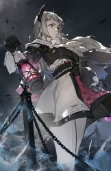  1girl absurdres ammunition_belt arknights bird black_gloves black_jacket capelet chain clouds cloudy_sky dark_cloud earrings eye_reflection feet_out_of_frame front-seamed_legwear gloves grey_eyes grey_hair gun handgun head_wings high-waist_skirt highres holding holding_lantern holding_sword holding_weapon holstered irene_(arknights) jacket jewelry kuno_(runkunochan) lantern long_hair long_sleeves ocean outdoors pantyhose parted_lips purple_skirt rapier reflection scar scar_across_eye scar_on_face seamed_legwear short_bangs sidelocks skirt sky solo standing storm sword thighs weapon white_capelet white_pantyhose white_skirt wings 