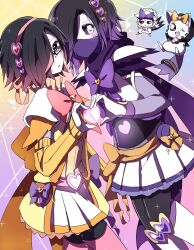  2boys :o absurdres alternate_universe android animalization black-framed_eyewear black_hair black_sclera blue_background blush boots bow bowtie chara_(undertale) colored_sclera commentary_request covered_mouth crossdressing crossdressing_(mtf) detached_sleeves dual_persona epictale feet_out_of_frame glasses gloves glowing_heart gradient_background gradient_hair hair_ornament hair_over_one_eye hair_ribbon hairband heart heart_hair_ornament heart_hands heart_hands_duo heart_in_heart_hands highres knee_boots long_sleeves male_focus mask mettaton mettaton_ex miniskirt mouth_mask multicolored_hair multiple_boys one_eye_covered open_mouth orange_ribbon orange_sleeves pink_background pink_bow pink_bowtie pink_eyes pink_hair pink_hairband pink_thighhighs pleated_skirt purple_background purple_bow purple_bowtie purple_hair purple_mask purple_ribbon rectangular_eyewear ribbed_sleeves ribbon ruannu sans_(undertale) scar scar_across_eye scar_on_face short_hair simple_background skirt sparkle standing sweat thigh-highs two-tone_hair undertale utdr_(toby_fox) white_boots white_gloves white_skirt xtale yellow_background zettai_ryouiki 