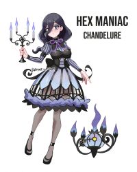  1girl @_@ absurdres alternate_costume artist_name black_corset black_hair bottle buttons candlestand chandelure chandelure_(cosplay) character_name corset cosplay dress eyeliner fire gradient_clothes gradient_dress hair_between_eyes hex_maniac_(pokemon_legends:_z-a) highres holding_candlestand juliet_sleeves long_hair long_sleeves makeup medium_dress milk_bottle moomoo_milk neck_ribbon pokemon pokemon_legends:_z-a puffy_sleeves purple_dress purple_eyeliner purple_fire purple_ribbon rhymewithray ribbon striped_clothes striped_dress twitter_username vertical-striped_clothes vertical-striped_dress 