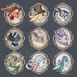  animal_focus black_bonnet black_eyes black_fur blue_bow blue_eyes blue_fur blue_hat bonnet bow brown_eyes brown_fur brown_hat closed_mouth clothed_pokemon eevee espeon facial_mark fins flareon flower fluffy forehead_jewel forehead_mark frilled_hat frills fur_collar glaceon green_fur green_ribbon grey_background hair_ornament hat head_fins highres jolteon leaf leafeon looking_to_the_side neck_fur no_humans orange_fur pink_fur pokemon pokemon_(creature) pokemon_focus purple_bonnet purple_bow purple_fur red_eyes red_flower red_hat red_ribbon red_rose rendoll ribbon rose simple_background snowflake_hair_ornament sun_hat sylveon top_hat umbreon upper_body vaporeon white_fur white_hat yellow_flower yellow_fur yellow_rose 