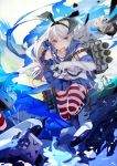  1girl black_panties blush elbow_gloves gloves grey_eyes grey_hair hairband highres kantai_collection long_hair navel panties rensouhou-chan shimakaze_(kantai_collection) shisu_(binzo3) skirt striped striped_legwear thighhighs underwear water white_gloves 