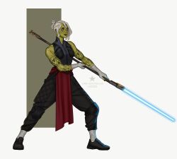  1girl alien arm_tattoo bandaged_hand bandages black_pants black_shirt black_shoes blue_eyes blue_lightsaber colored_skin dated deviantart_username energy_sword facial_tattoo full_body green_skin highres holding holding_staff holding_weapon lightsaber mirialan pants saberstaff scar scar_across_eye scar_on_face shirt shoes sleeveless sleeveless_turtleneck solo staff standing star_wars sword tattoo turtleneck weapon web_address white_hair zaffyrr 