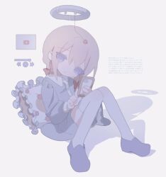  1girl bad_id bad_twitter_id blue_eyes blue_shoes bow braid brown_hair cellphone closed_mouth collared_dress crying crying_with_eyes_open dress expressionless fluorescent_lamp full_body grey_dress hair_bow hair_over_shoulder halo head_tilt holding holding_phone knees_together_feet_apart knees_up long_sleeves looking_at_viewer low_twin_braids medium_hair multiple_hair_bows original phone pillow red_bow shadow shoes simple_background sitting smartphone solo tears thigh-highs translation_request twin_braids white_background white_thighhighs yondenai613 youtube 