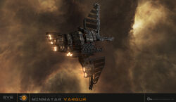  3d absurdres attack_ship_(eve_online) battleship_(eve_online) brown_background brown_theme camouflage clouds commentary company_logo company_name copyright_logo copyright_name dated english_commentary eve_online fire flying glowing highres logo maya_(medium) military_vehicle minmatar_republic_(eve_online) nebula no_humans outdoors radar radio_antenna realistic science_fiction solar_panel space spacecraft star_(sky) starry_sky_background tempest_(eve_online) thrusters thukker_mix_(eve_online) vehicle_focus vehicle_name ymir_jonsson 