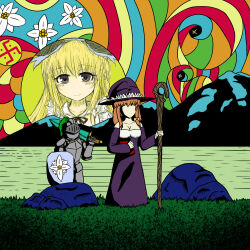  1other 2girls alice_(black_souls) armor bad_link black_magick_ss black_souls book bosske dress faceless grass helmet highres holding holding_book holding_shield holding_staff holding_sword holding_weapon multiple_girls parody purple_dress rainbow_nights_(black_magick_ss) rock shield staff style_parody sword weapon witch 
