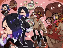  +_+ 2girls :d big_man_(splatoon) black_boots black_hair black_leggings black_shirt blue_hair boots brown_boots brown_hair brown_sweater cephalopod_eyes character_doll chibi chibi_inset chocolate collared_shirt dark-skinned_female dark_skin doll earrings frye_(splatoon) full_body glasses gradient_hair hair_over_one_eye highres humanization jewelry leggings long_hair looking_at_viewer manta_ray multicolored_hair multiple_earrings multiple_girls multiple_views octoling official_alternate_costume one_eye_closed orange_hair pink_background pointy_ears red_eyes shirt shiver_(splatoon) simple_background smile splatoon_(series) splatoon_3 standing stuffed_toy sweater tentacle_hair yellow_eyes yoshishi_(yosisitoho) 