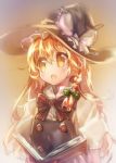  1girl blonde_hair blush book bow braid buttons hair_bow hair_ornament hat hat_ribbon kirisame_marisa long_hair namie-kun open_book open_mouth puffy_sleeves ribbon short_sleeves side_braid simple_background single_braid solo touhou turtleneck witch_hat yellow_eyes 