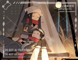  1boy 1girl :o akari_(pokemon) black_hair black_pantyhose black_sash closed_eyes galaxy_expedition_team_survey_corps_uniform grey_jacket grey_pants headscarf highres jacket long_hair looking_at_viewer loose_socks outdoors pants pantyhose pokemon pokemon_legends:_arceus ponytail red_scarf rei_(pokemon) sash scarf sidelocks sitting sleeping socks suikaels tent upper_body white_headscarf white_socks 