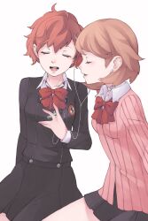  2girls black_jacket black_skirt bow bowtie brown_hair cardigan choker closed_eyes collared_shirt cowboy_shot digital_media_player earphones earrings flipped_hair from_side gekkoukan_high_school_uniform hair_ornament hairclip heart heart_choker highres jacket jewelry listening_to_music long_sleeves loose_bowtie miniskirt multiple_girls open_mouth persona persona_3 persona_3_portable pink_cardigan pleated_skirt profile red_bow red_bowtie ribbed_cardigan school_uniform shared_earphones shiomi_kotone shirt short_hair skirt stud_earrings takeba_yukari tbjj1208 white_background white_choker white_shirt 