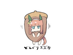  1girl acorn animal_ears barefoot blue_eyes brown_hair chibi full_body hairband horse_ears horse_girl horse_tail kawamochi_(tddm3573) long_hair motion_lines silence_suzuka_(umamusume) simple_background solo standing tail translation_request umamusume white_background white_hairband 