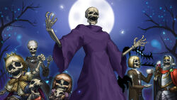  2girls 4boys alcohol animal animal_skeleton armor bare_tree belt black_dress blonde_hair breastplate brown_belt brown_gloves brown_hair brown_jacket cape child circlet coffee_mug collar commentary crown cup curly_hair dog dragon dress drinking_glass duel_monster extra_eyes frilled_collar frilled_dress frilled_sleeves frills full_moon ghost gloves glowing highres holding holding_animal holding_cup jacket jaguarman_series king_of_the_skull_servants matsumoto_(ma_tsuya) medium_hair moon mug multiple_boys multiple_girls name_connection night night_sky open_mouth pink_dress puffy_short_sleeves puffy_sleeves purple_robe red_cape robe sharp_teeth short_sleeves skeleton skull_servant sky star_(sky) teeth the_lady_in_wight torn_clothes trait_connection tree white_hair wig wightlord wightmare wightprince wightprincess wine wine_glass yu-gi-oh! 