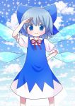  1girl blue_eyes blue_hair bow cirno dress looking salute short_hair smile solo tona_(nekotte) touhou wings 