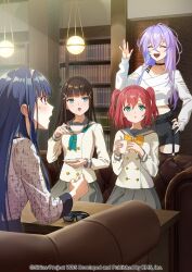  4girls aqua_eyes black_hair blue_hair blunt_bangs chair choker closed_eyes food green_eyes hair_ornament highres indoors kurosawa_dia kurosawa_ruby long_hair long_sleeves love_live! love_live!_sunshine!! mole mole_under_mouth multiple_girls official_art open_mouth pantyhose purple_hair red_hair renjakuno_hatsumi school_uniform senju_koyomi serafuku siblings sisters sitting skirt themis_(themis_adgjm) two_side_up uranohoshi_school_uniform world_dai_star 