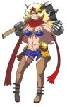  1girl abs bikini_top blonde_hair blue_hair boots breasts clenched_hand copyright_request cutoffs gauntlets hair_ornament head_wings licking_lips long_hair matsuda_yuusuke muscle over_shoulder red_scarf scarf short_shorts shorts star thigh-highs thigh_boots warhammer weapon weapon_over_shoulder 
