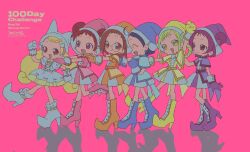  6+girls asuka_momoko betti_(xx_betti) blonde_hair blue_boots blue_eyes blue_hair blush boots brown_hair clenched_hands double_bun dress fujiwara_hazuki glasses gloves hair_bun hair_ornament hair_rings harukaze_doremi hat high_heel_boots high_heels highres long_hair looking_at_viewer magical_girl makihatayama_hana multiple_girls ojamajo_doremi open_mouth orange_boots orange_dress pink_boots pink_dress pink_hair pink_hat purple_boots purple_dress purple_hair red_hair segawa_onpu senoo_aiko short_hair smile walking white_boots white_dress witch witch_hat yellow_boots yellow_dress 