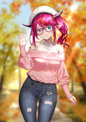  1girl alternate_costume alternate_hairstyle beret blue_eyes blurry blurry_background casual center_frills collared_shirt cowboy_shot day denim depth_of_field frills glasses halter_shirt halterneck hand_up hat heterochromia highres hololive hololive_english horns irys_(hololive) jeans long_hair long_sleeves looking_at_viewer off-shoulder_sweater off_shoulder outdoors pants pink_sweater pointy_ears puffy_long_sleeves puffy_sleeves purple_hair red_hair ribbed_sweater shirt side_ponytail skyrail sleeveless sleeveless_shirt solo sweater sweater_tucked_in swept_bangs violet_eyes virtual_youtuber waving white_hat white_shirt 