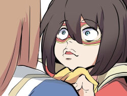  2girls blue_eyes blue_jacket brown_hair clothes_grab el_condor_pasa_(el_numero_1)_(umamusume) el_condor_pasa_(umamusume) eye_mask grass_wonder_(stone-piercing_blue)_(umamusume) grass_wonder_(umamusume) hair_between_eyes jacket kawamochi_(tddm3573) multiple_girls parted_lips red_jacket sailor_collar shirt shirt_grab simple_background umamusume white_background white_sailor_collar wide-eyed yellow_shirt 