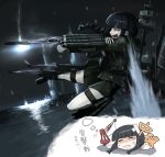  1girl bandages bangs battle black_hair blunt_bangs braid crane firing hellshock imagining kantai_collection kitakami_(kantai_collection) loafers long_hair mecha_musume night open_mouth personification school_uniform shoes skirt solo splashing thigh_strap twin_braids water 