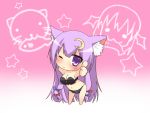  1girl animal_ears black_bra black_panties blush bra breasts buri_hamachi cat_ears chibi crescent etou_(cherry7) leaning_forward long_hair looking_at_viewer panties patchouli_knowledge purple_hair solo star thumbs_up touhou underwear underwear_only very_long_hair violet_eyes 