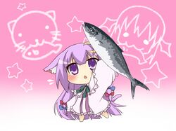  1girl animal_ears arm_up buri_hamachi cat_ears chibi crescent etou_(cherry7) fish long_hair open_mouth patchouli_knowledge purple_hair solo touhou violet_eyes 