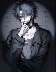  1boy bags_under_eyes black_eyes black_hair black_jacket black_mask black_pants chiaroscuro choker collar evil_smile glowing glowing_eye grey_shirt hair_over_one_eye hand_on_own_chin head_tilt jacket kubrick_stare lineup long_sleeves looking_at_viewer medium_hair messy_hair monochrome open_clothes open_jacket original pants parted_bangs shirt simple_background sketch skinny smile smirk solo_focus spot_color stroking_own_chin tsurime upper_body vignetting zhishiwan 