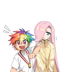 2020s 2025 2girls :d anime_style antenna_hair aqua_eyes bare_arms blonde_hair blue_hair chestnut_mouth child children cio_(ciosui) confident curtained_hair cyan_eyes dandere double-parted_bangs duo duo_female elbow_on_another&#039;s_shoulder elbow_rest eyelashes fang finger_pointing fluttershy flying_sweatdrops front_view gold_medal green_hair hair_behind_ear hair_between_eyes hair_over_one_eye hand_on_hip highres humanized humans ibispaint_(medium) index_finger jacket leotard long_hair long_sleeves looking_at_viewer looking_to_the_side medal multicolored_hair my_little_pony my_little_pony:_friendship_is_magic notice_lines one_eye_covered open_mouth orange_hair parted_lips personification pink_eyes pink_hair pointing pointing_at_self pointing_with_thumb puffy_long_sleeves puffy_sleeves purple_hair rainbow_dash rainbow_hair raised_arm raised_inner_eyebrows sapiens shiny_hair shirt short_hair short_sleeves side-by-side simple_background single_vertical_stripe smile spiky_hair standing streaked_hair t-shirt timid tomboy tongue track_jacket tsundere turtleneck turtleneck_leotard twitter_username upper_body v-shaped_eyebrows very_long_hair white_background white_shirt white_topwear yellow_jacket