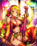  bare_shoulders breasts green_hair hair_ornament jewelry kara_(color) long_hair necklace red_legwear sheath sheathed smile sword thighhighs thighs violet_eyes weapon 