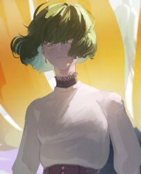  1girl choker closed_mouth frown green_tears grey_hair highres hotoke_party kazami_yuuka lace-trimmed_choker lace_trim long_sleeves pink_eyes shirt short_hair solo sweep_tosho_(umamusume) touhou undershirt white_shirt 