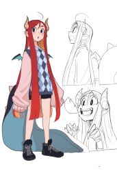  1girl :o absurdres ahoge argyle_clothes argyle_sweater arms_at_sides bike_shorts black_eyes black_shoes black_shorts blush breath_weapon breathing_fire brown_horns colored_inner_hair commentary dragon_girl dragon_horns dragon_tail dragon_wings english_commentary fangs fire full_body grey_sweater highres horns long_hair long_sleeves looking_at_viewer looking_to_the_side mini_wings multicolored_hair multiple_views open_mouth orange_hair original parted_bangs pink_sleeves pointy_ears red_hair red_pupils sho-n-d shoes shorts sidelocks simple_background sketch_inset sleeves_past_fingers sleeves_past_wrists sneakers standing sweater tail thick_eyebrows very_long_hair white_background wings 