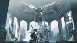  2girls aqua_eyes arch black_hair black_jacket black_shoes black_skirt black_thighhighs dress grey_sky gun highres intravenous_drip jacket kneeling looking_at_another multiple_girls original rifle shoes short_dress short_hair skirt sky statue swav thigh-highs tree weapon wheelchair white_dress white_hair white_shoes 