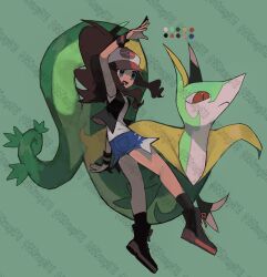  1girl 950magi618 baseball_cap black_shoes black_vest blue_eyes brown_hair denim denim_shorts exposed_pocket full_body green_background hat high_ponytail highres hilda_(pokemon) long_hair looking_at_another open_clothes open_mouth open_vest poke_ball_print pokemon pokemon_(creature) pokemon_bw ponytail red_eyes serperior shirt shoes short_shorts shorts simple_background snake standing vest white_shirt wristband 