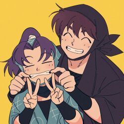  2boys aqua_hood aqua_kimono bandana bandana_around_neck behind_another black_bandana black_hood black_kimono black_shirt brown_hair closed_eyes curtained_hair detached_hood doi_hansuke double_v facing_viewer forced_smile grin happy height_difference highres humoto_00 japanese_clothes kimono long_hair male_focus mouth_pull multiple_boys ponytail purple_hair rakudai_ninja_rantarou settsuno_kirimaru shirt short_hair simple_background smile three-quarter_sleeves v wrist_guards yellow_background 