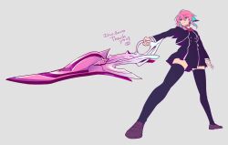  1girl black_thighhighs blue_hair blue_streaks blush bow breasts brown_shoes buttons chaos;child chest_bow closed_mouth cropped_jacket d-sword double-breasted dress_vest dynamic_pose frown full_body grey_background hair_between_eyes hekiho_academy_school_uniform highres holding holding_sword holding_weapon huge_weapon jacket line_dot loafers miniskirt multicolored_hair multiple_views no_shoes onoe_serika pink_eyes pink_hair red_bow sailor_collar school_uniform science_adventure serious shoes short_hair simple_background skirt small_breasts smile solo sword thigh-highs tongue weapon white_sailor_collar zettai_ryouiki 