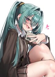  1girl absurdres breast_pocket brown_jacket brown_necktie brown_shirt brown_skirt cellphone collared_shirt commentary_request eyepatch freckles green_hair green_tea_(matchaistasty) hatsune_miku heart heart-shaped_pupils highres holding holding_phone jacket long_hair looking_at_viewer medical_eyepatch monitoring_(vocaloid) necktie open_clothes open_jacket open_mouth phone pocket shirt simple_background sitting skirt smartphone smile solo sweat symbol-shaped_pupils twintails vocaloid white_background 