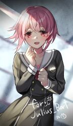  1girl blush bow buttons chaos;child chest_bow cropped_jacket double-breasted dress_vest hekiho_academy_school_uniform long_sleeves moguta_(moguta9) onoe_serika open_mouth red_bow sailor_collar school_emblem school_uniform science_adventure smile tongue white_sailor_collar 