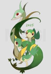  2025 950magi618 absurdres animal_focus evolutionary_line full_body highres looking_at_viewer no_humans pokemon pokemon_(creature) pokemon_focus red_eyes serperior servine simple_background smile snake snivy standing white_background 