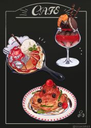  black_background commentary_request food food_focus fruit frying_pan glass herb highres ice_cream inset_border leaf macaron mint no_humans olive original pancake parfait pasta plate roasted_marshmallow spaghetti ssssecret49 strawberry strawberry_slice strawberry_syrup tomato twitter_username wafer_stick 