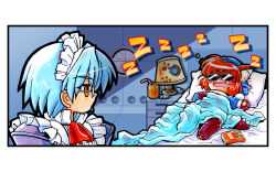  2girls absurdres animal_ears apron ascot bed_sheet blanket blue_dress blue_hair blue_hat blue_pajamas blush_stickers brand_name_imitation can cat_ears cat_girl child closed_mouth commentary desk_lamp dinosaur_costume dinosaur_tail door dress drinking_straw drooling expressionless fangs food g-on_riders glasses hat highres indoors kokomahi lamp lampshade looking_at_another lying maid maid_apron maid_headdress multiple_girls nightcap nightstand official_art on_back on_bed open_mouth opening_door orange_hair pajamas pao_(g-on_riders) pillow pocky red_ascot short_hair sleeping smile standing sunglasses tail teeth under_covers upper_teeth_only white_apron yellow_eyes zero_(g-on_riders) zzz 
