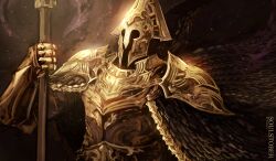  1boy absurdres armor black_cape breastplate cape club_(weapon) commentary dark_souls_(series) dark_souls_ii english_commentary gold_armor helm helmet highres holding holding_club holding_weapon male_focus pauldrons shoulder_armor solo temmaru1 upper_body velstadt_the_royal_aegis weapon 