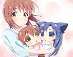  3girls animal_ears blue_eyes blue_hair blush brown_eyes brown_hair carrying cat_ears cheek-to-cheek cheek_poke chibi chihyaa hagiwara_yukiho hitotukinanoka idolmaster multiple_girls pink_background poking puchimasu! raccoon_tail smile tail yukipo 