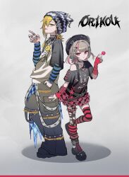  1boy 1girl alternate_costume asymmetrical_clothes beanie beret black_boots black_hat black_shirt blonde_hair bochibochi_(gyuuniku_6000) boots brown_hair candy choker earrings fashion food full_body green_eyes grey_background hat highres jewelry kneehighs layered_sleeves lollipop long_sleeves looking_at_viewer makaino_ririmu miniskirt multicolored_hair multiple_necklaces multiple_rings nail_polish necklace nijisanji off_shoulder pants pantyhose pink_eyes pink_skirt plaid_clothes plaid_skirt print_shirt ring shirt short_hair short_over_long_sleeves short_sleeves simple_background single_kneehigh single_pantsleg single_sock single_thighhigh skirt socks streaked_hair striped_clothes striped_sleeves striped_socks striped_thighhighs thigh-highs thigh_strap tongue tongue_out torn_clothes torn_pantyhose two_side_up uzuki_kou virtual_youtuber 